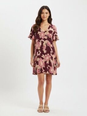 Show Me Your Mumu Burgundy Floral Mini Dress V Neck Women’s Small Boho